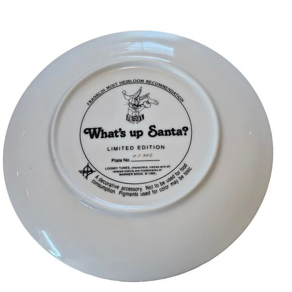 Looney Toons Vintage Collectible Plate 8" What's Up Santa 1993 Bugs Bunny Taz - Picture 2 of 9